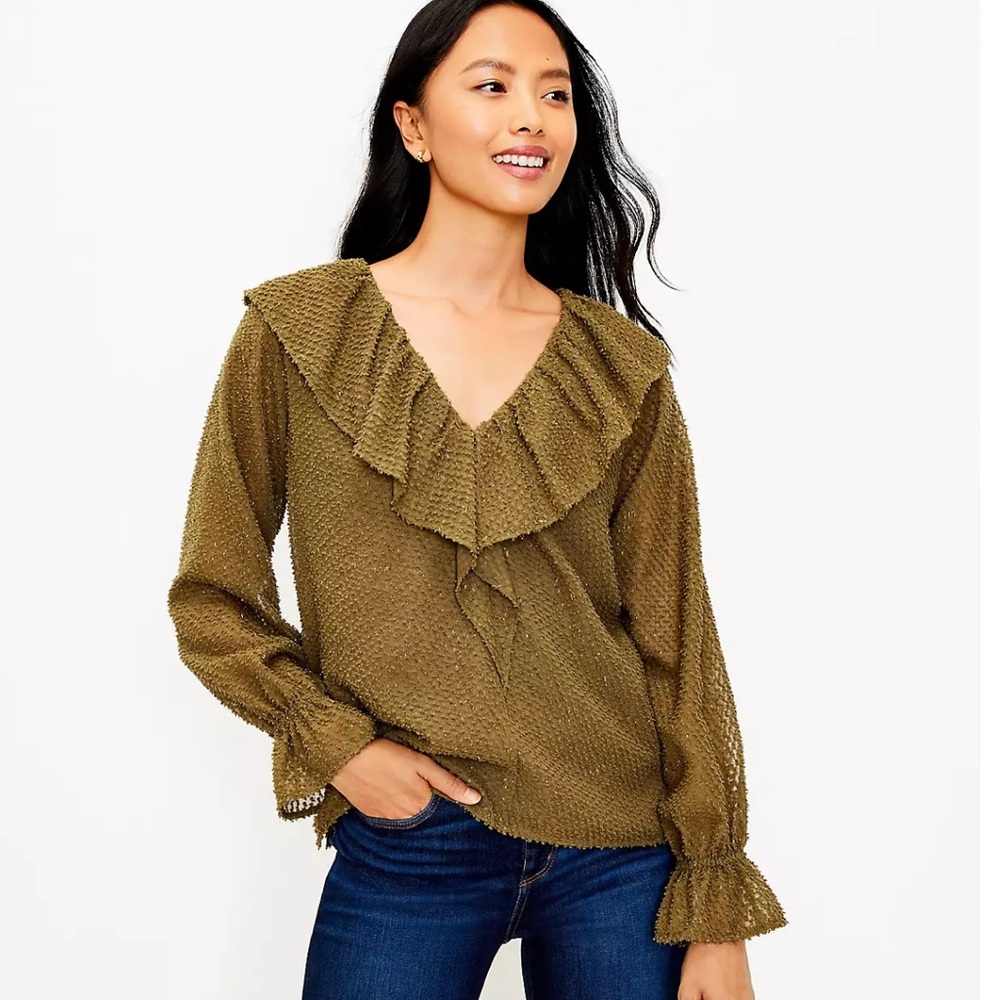 LOFT Shimmer Clip Ruffle Blouse - Olive - Medium